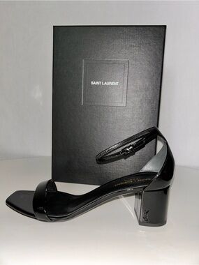 Yves Saint Laurent Black Patent Leather Ankle-Strap Block Heels Size 10